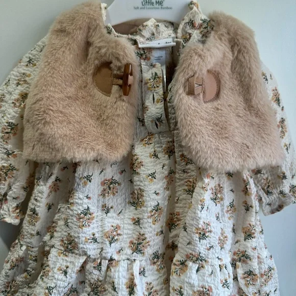 Little Me Cream Floral Dress with Tan Faux Fur Capelet - Picture 4 of 12